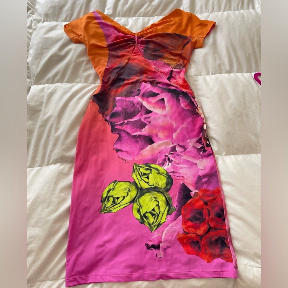 Insane Printed Rose neon stretchy Roberto Cavalli dress with cutouts